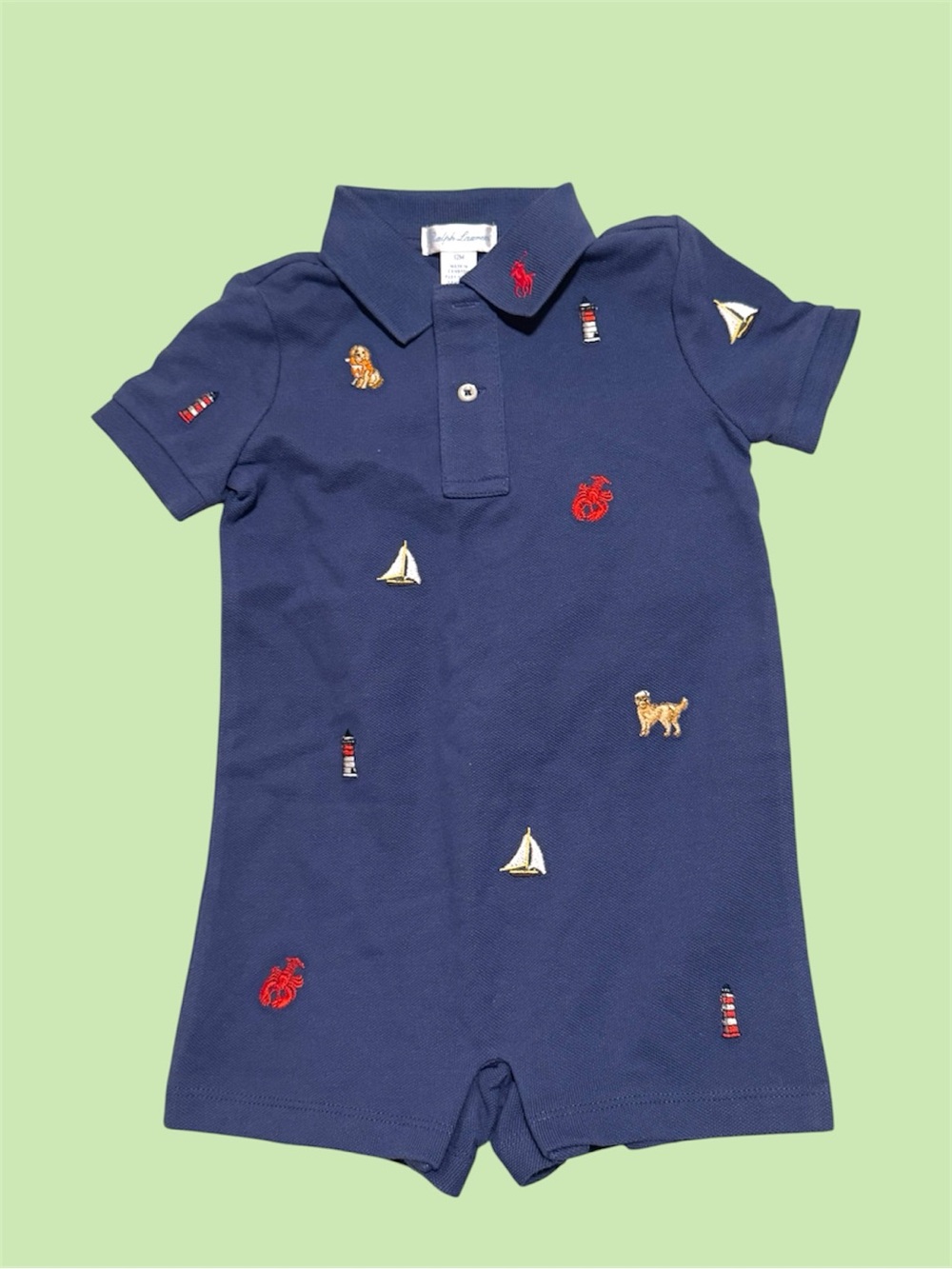 RL baby Navy Embroidered Polo Romper with Nautical Motifs